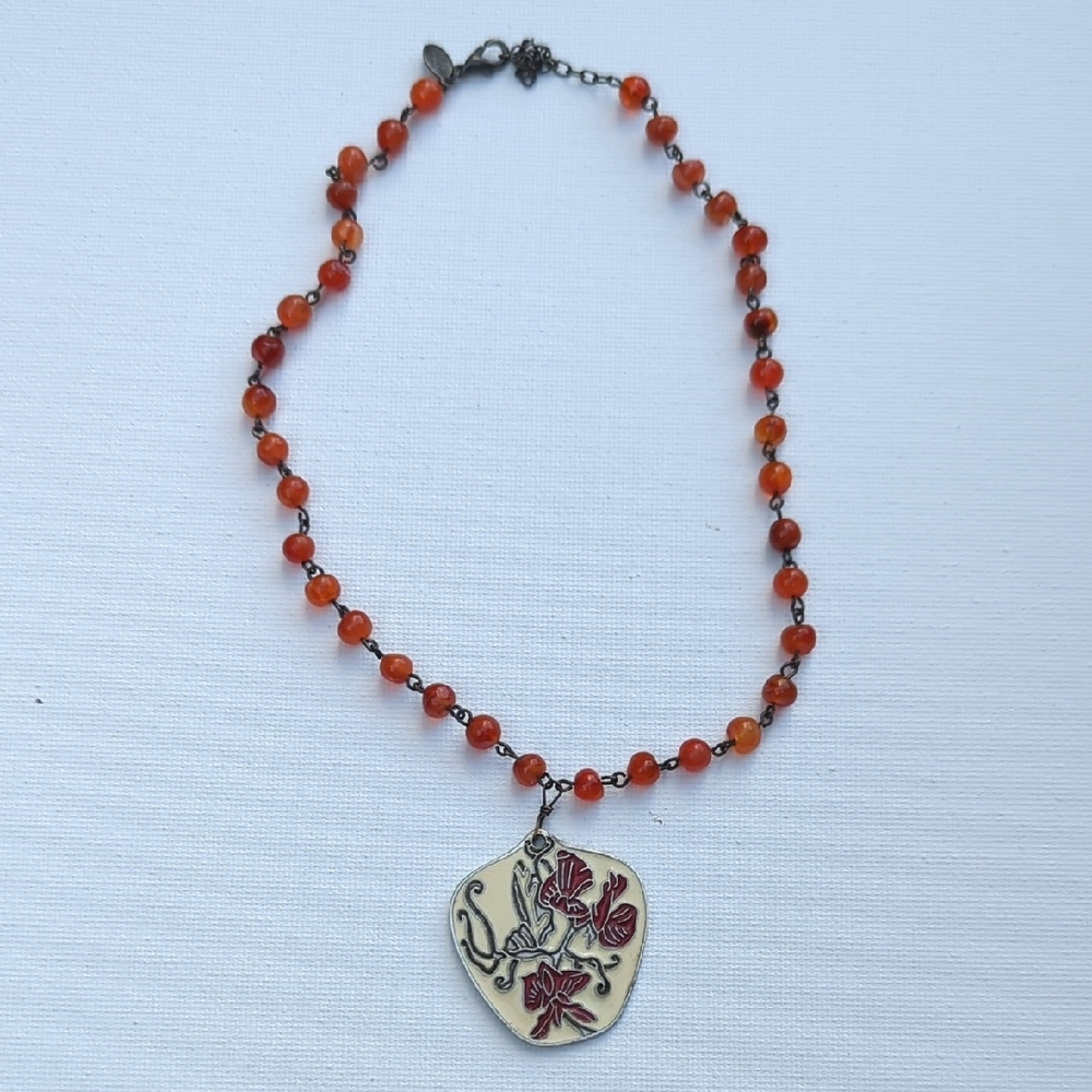 Vintage Orange Beaded Necklace with Floral Pendant